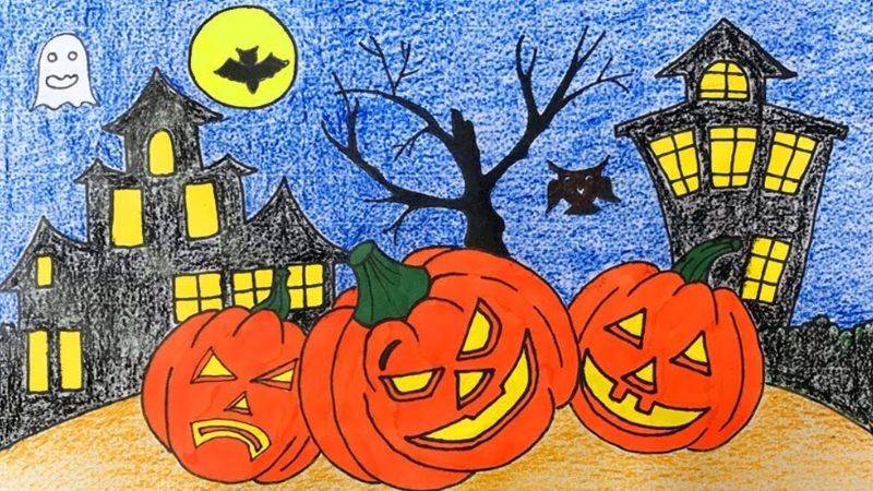 Tranh bí ngô Halloween với ngôi nhà ma và bầu trời đêm