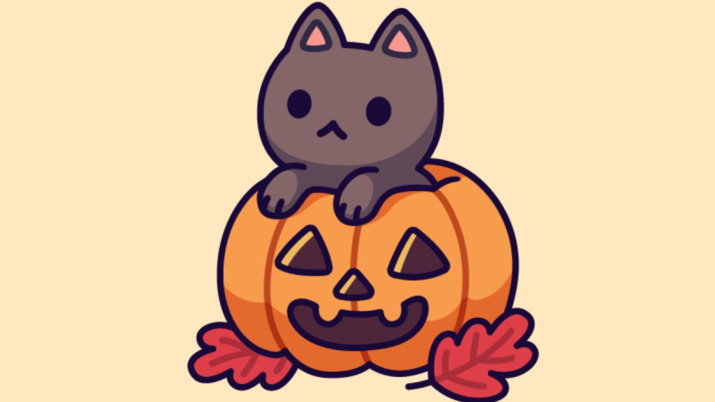 Mèo đen dễ thương ngồi trên quả bí ngô Halloween