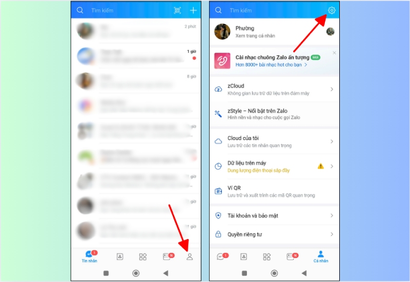 Truy cập mục Cá nhân và mở Cài đặt trên ứng dụng Zalo