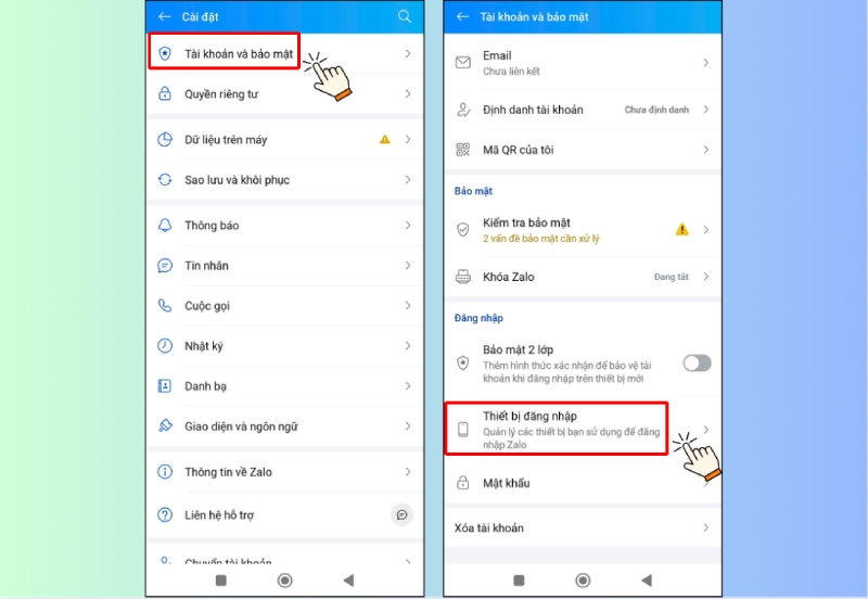 Chọn Tài khoản và bảo mật và vào Thiết bị đăng nhập trong Zalo