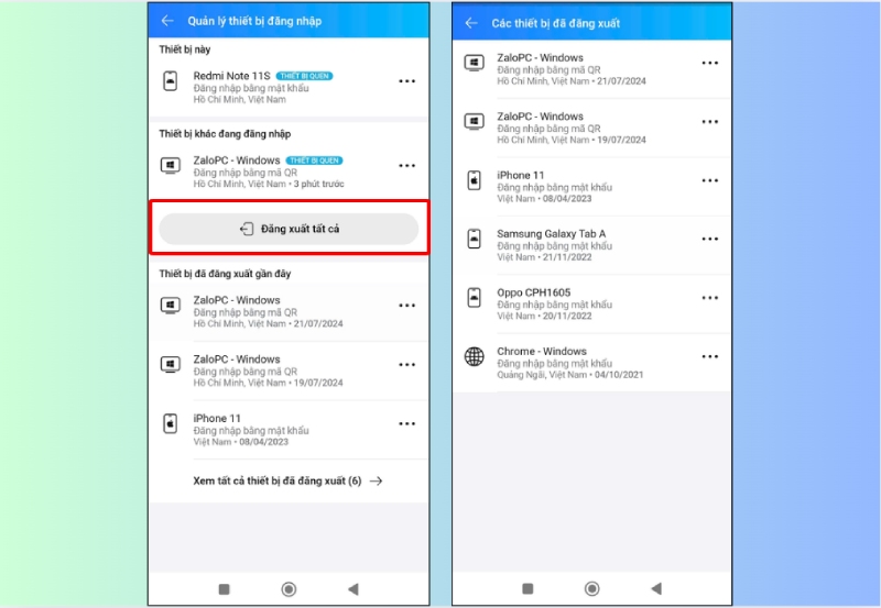 Giao diện quản lý và đăng xuất tất cả thiết bị đăng nhập Zalo