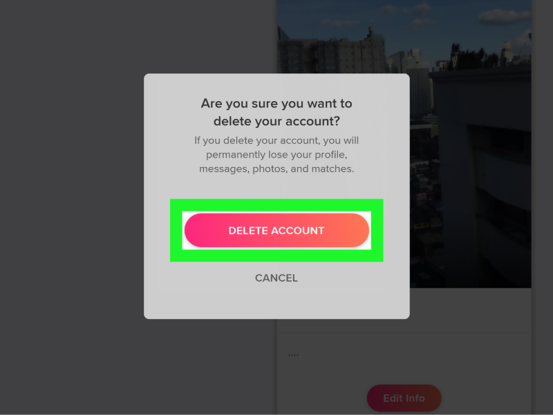 Hộp thoại xác nhận xóa tài khoản Tinder trên màn hình