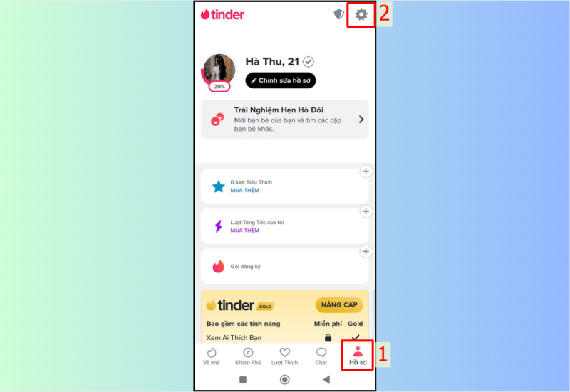 Mở hồ sơ Tinder và vào phần cài đặt tài khoản