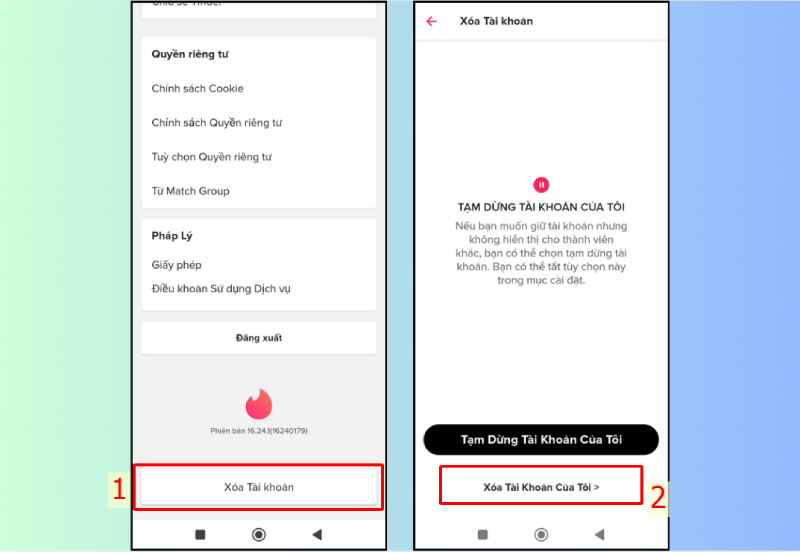 họn mục Xóa tài khoản trong cài đặt Tinder