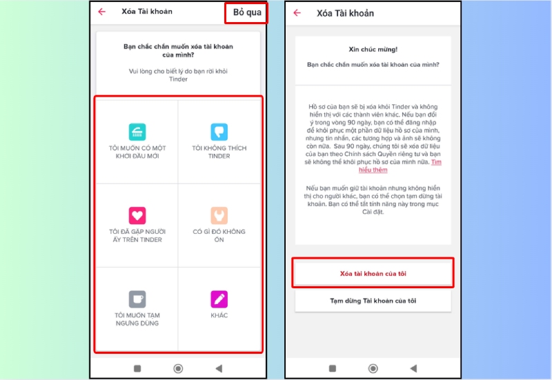 Chọn lý do rời Tinder và xác nhận xóa tài khoản