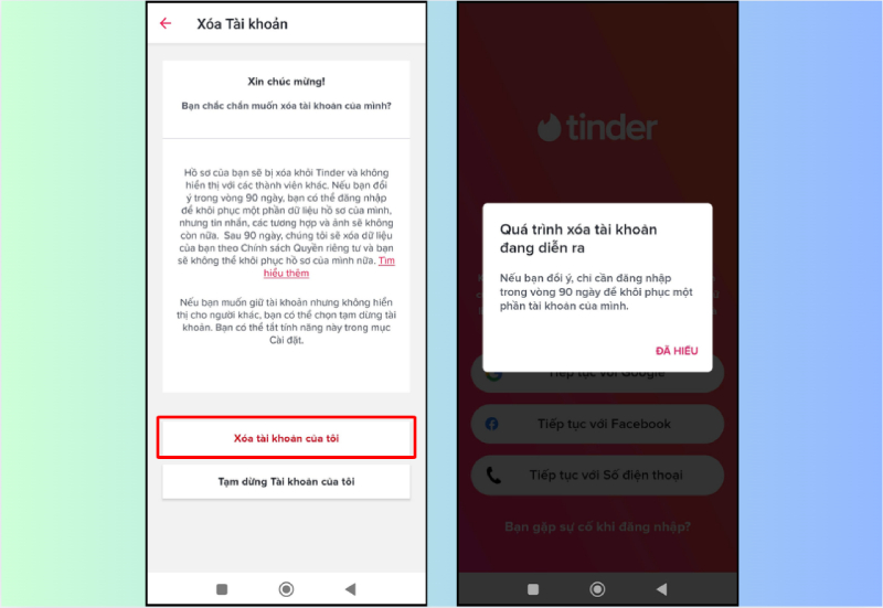 Xác nhận xóa tài khoản Tinder và thông báo quá trình xóa