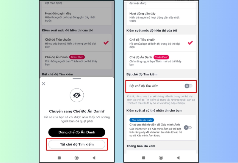 Tắt chế độ tìm kiếm trong cài đặt Tinder