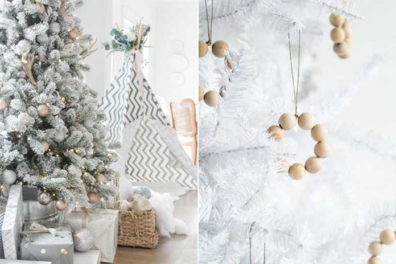 Cây thông Noel trang trí tông trắng và xám nhã nhặn