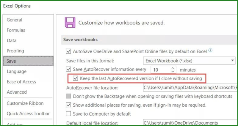 Giữ phiên bản AutoRecovered khi đóng file không lưu