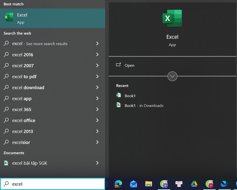 Mở Excel bằng ô tìm kiếm Start