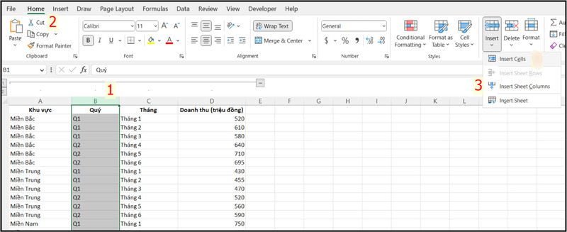 Thêm dòng mới bằng công cụ Insert