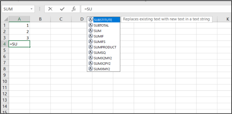 Excel gợi ý danh sách hàm khi nhập công thức