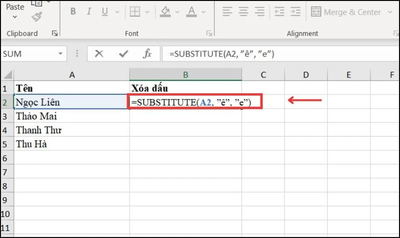 Nhập công thức hàm SUBSTITUTE