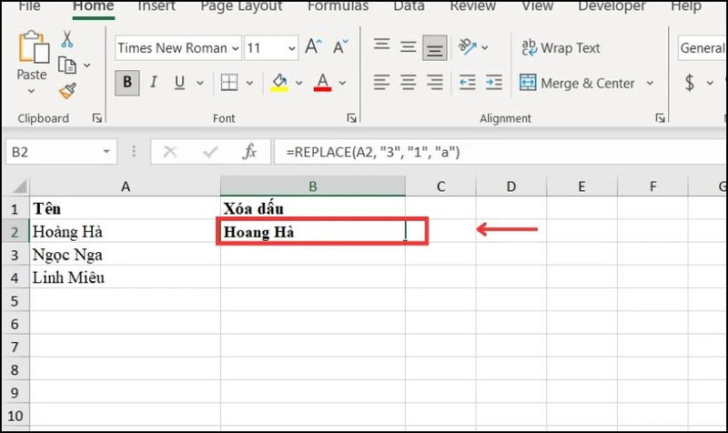 Kết quả loại bỏ dấu sau khi sử dụng hàm REPLACE