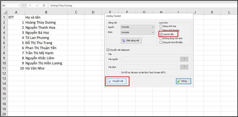 Chọn Loại bỏ dấu trong Unikey Toolkit