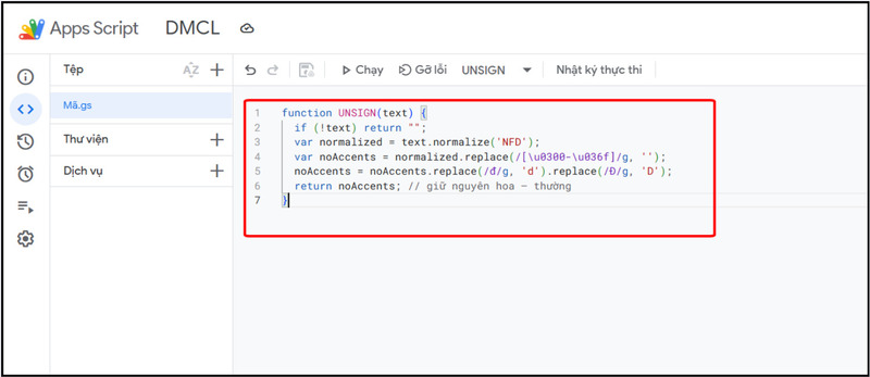 Dán đoạn mã UNSIGN vào file Mã.gs
