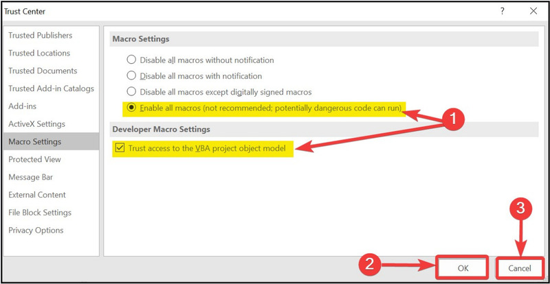 Bật Macro Settings và cấp quyền truy cập