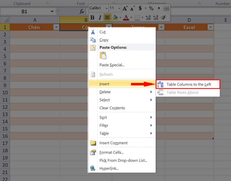 Tùy chọn Table Columns to the Left