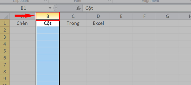 Chọn cột B để chuẩn bị chèn cột mới trong Excel