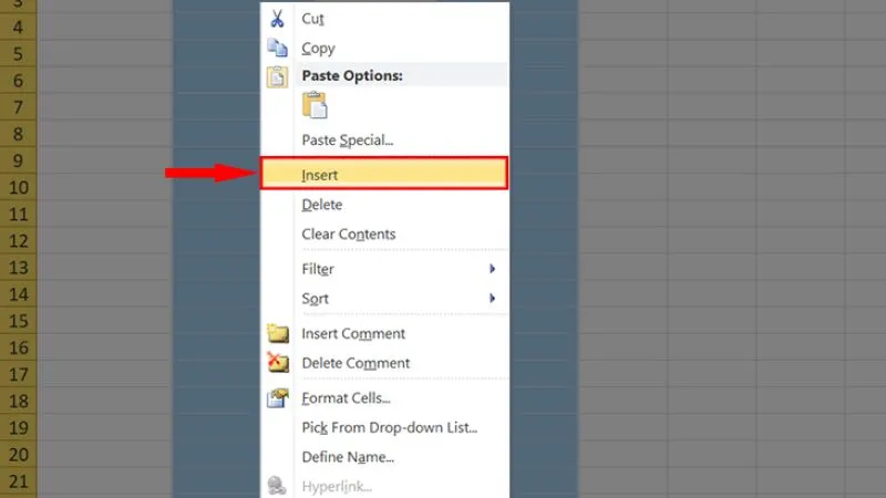 Chọn Insert từ menu chuột phải