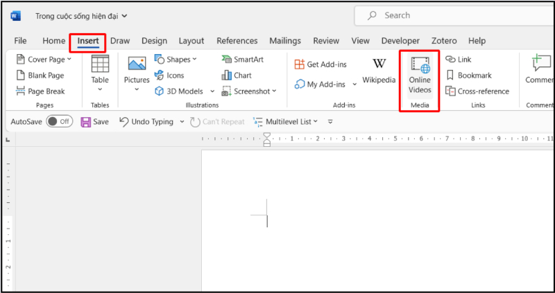Chọn Insert > Online Videos để chèn video trực tuyến