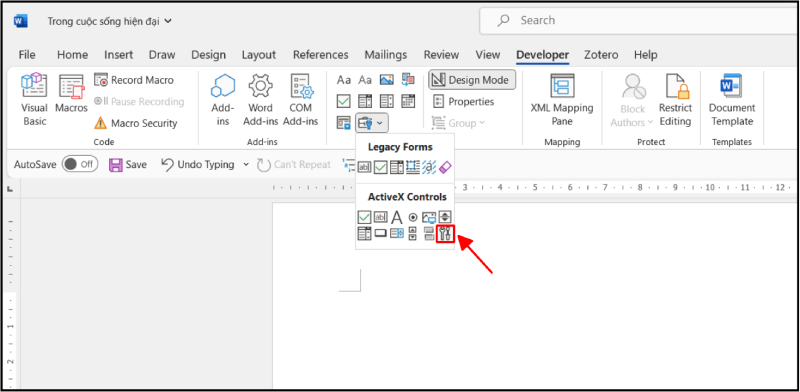 Chọn ActiveX Controls trong Developer