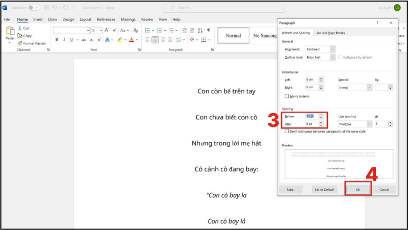 Nhấn OK để thiết lập cài đặt giãn dòng