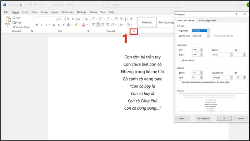 Giao diện hộp thoại Paragraph
