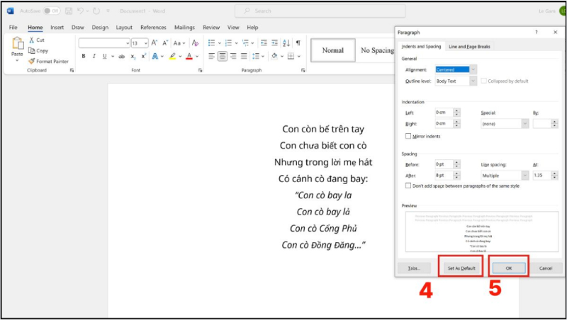 Chọn cài đặt và lưu thiết lập giãn dòng trong Word