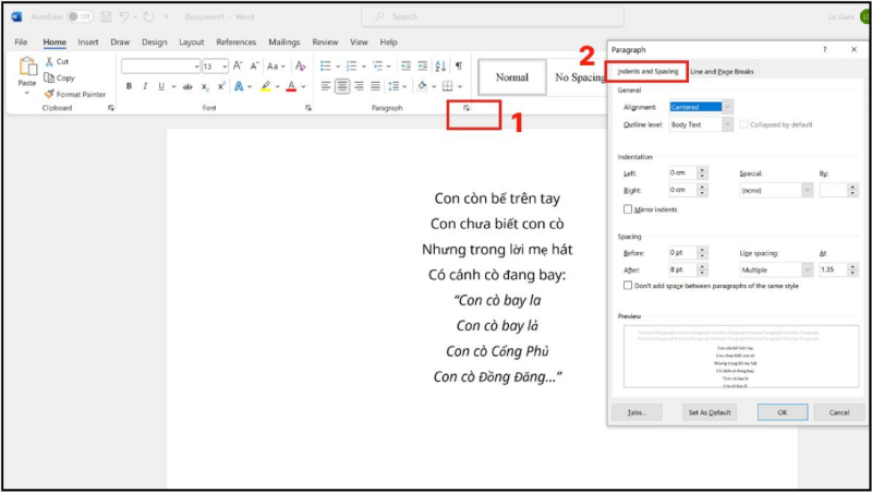 Chọn đoạn văn bản cần giãn dòng