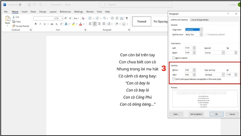 Cài đặt các thông số giãn dòng trong mục Spacing