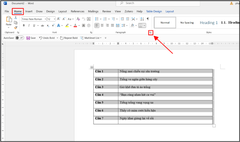 Thao tác chọn nội dung cần giãn dòng