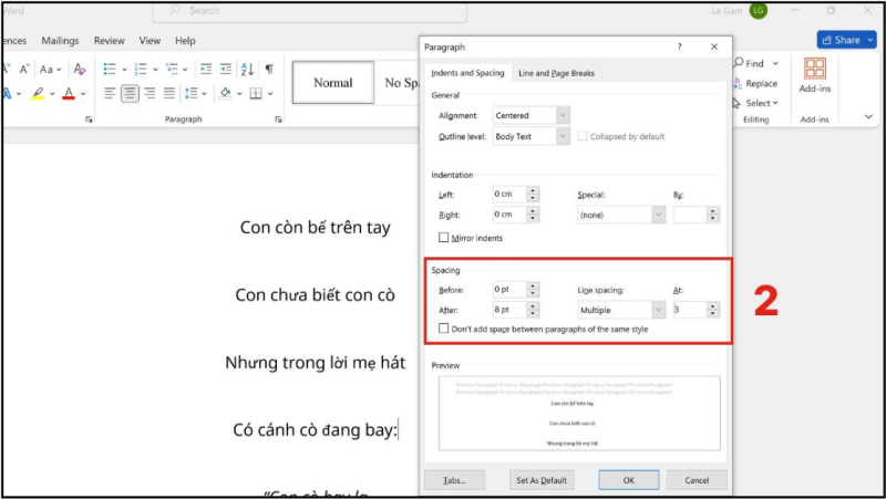 Giao diện tùy chỉnh giãn dòng trong hộp thoại Paragraph