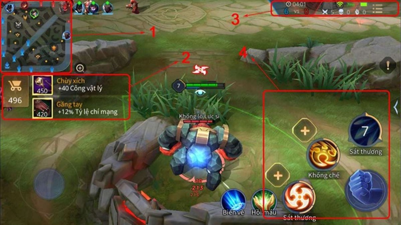 Giao diện trận đấu trong Liên Quân Mobile với bảng kỹ năng và trang bị