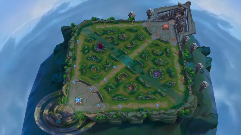 Bản đồ 5v5 trong Liên Quân Mobile hiển thị các đường và trụ