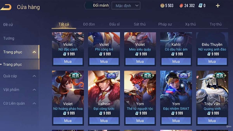 Giao diện cửa hàng Liên Quân Mobile với các trang phục tướng