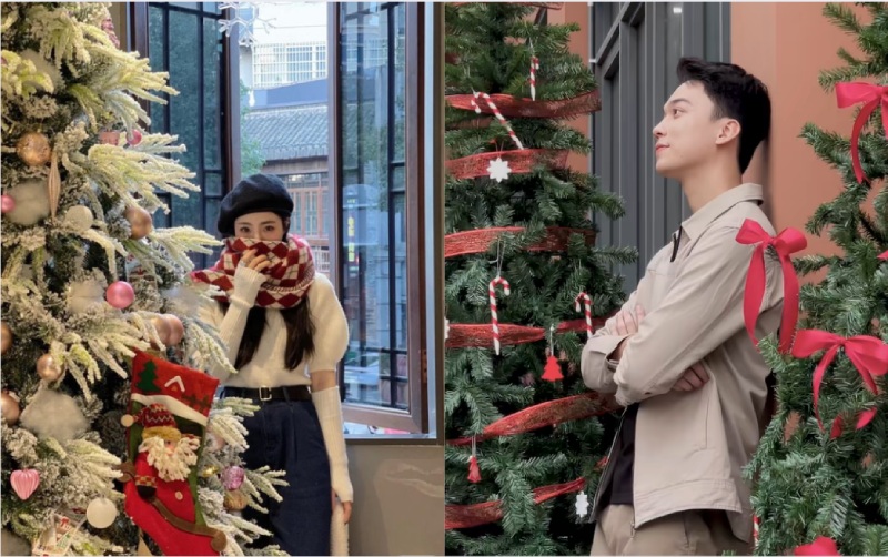 Chụp ảnh dáng đứng với cây thông Noel