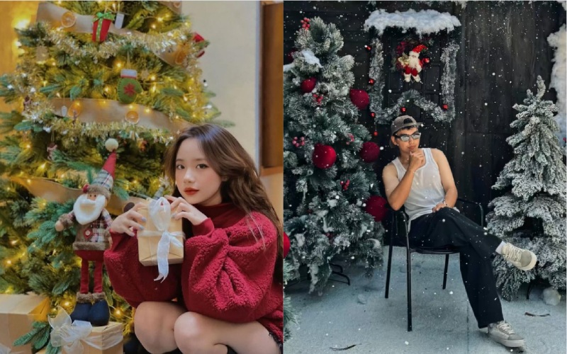 Chụp ảnh dáng ngồi với cây thông Noel