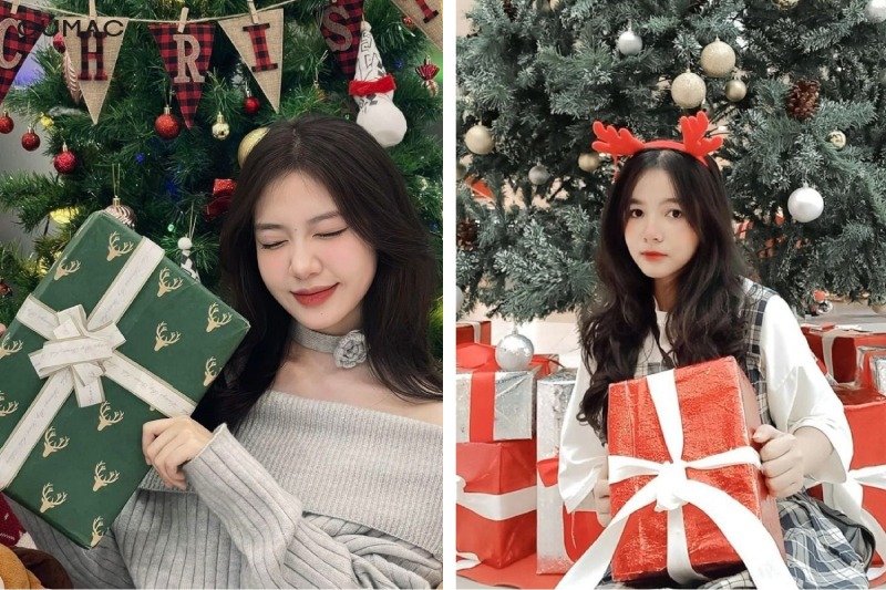 Chụp ảnh Noel với hộp quà