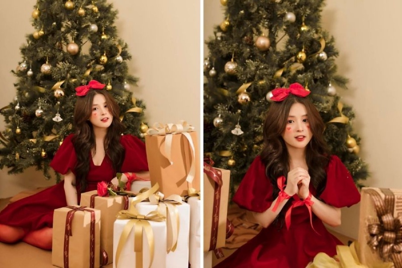Chụp ảnh dáng ngồi cùng hộp quà Noel