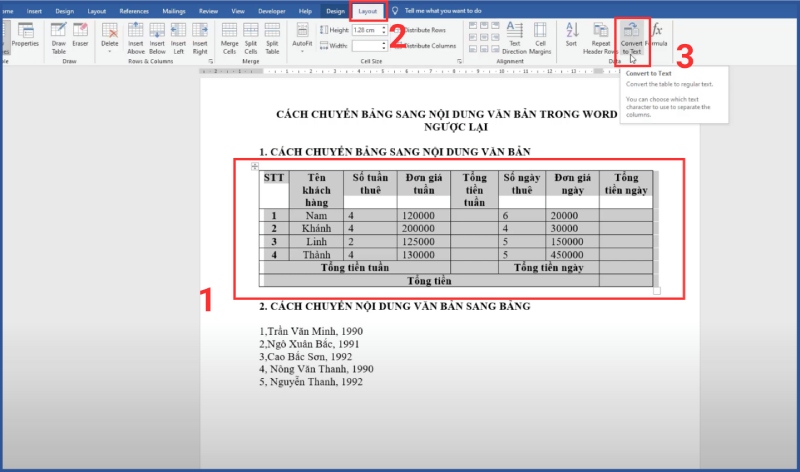 Các bước để chuyển đổi bảng thành văn bản trong Word