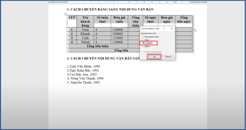 Thiết lập cách tách văn bản bằng dấu phẩy khi chuyển đổi văn bản thành bảng