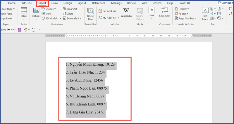 Chọn đoạn văn bản muốn chuyển thành bảng