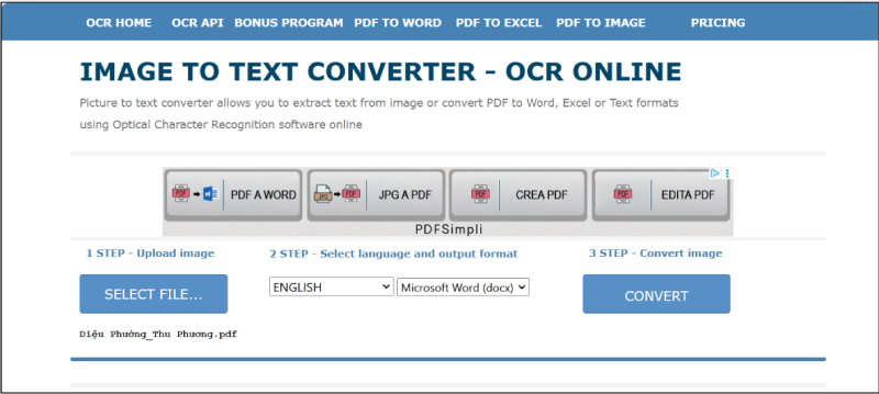 Trang công cụ OCR Online chọn file và định dạng Word
