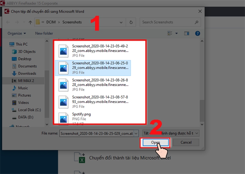 Chọn ảnh scan cần chuyển đổi rồi nhấn Open