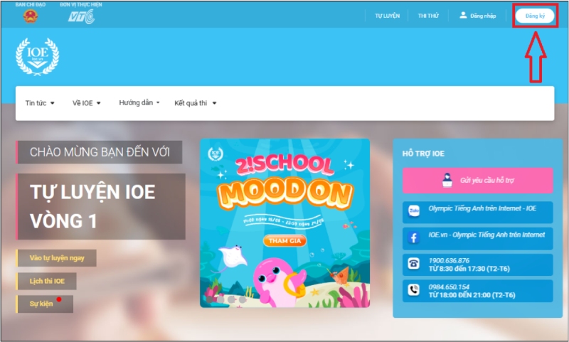 Giao diện trang chủ IOE và nút đăng ký