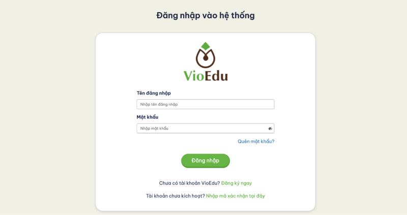 Trang đăng nhập VioEdu với ô tên đăng nhập và mật khẩu