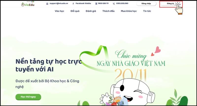 Nhấn Đăng ký trên trang chủ VioEdu để bắt đầu tạo tài khoản