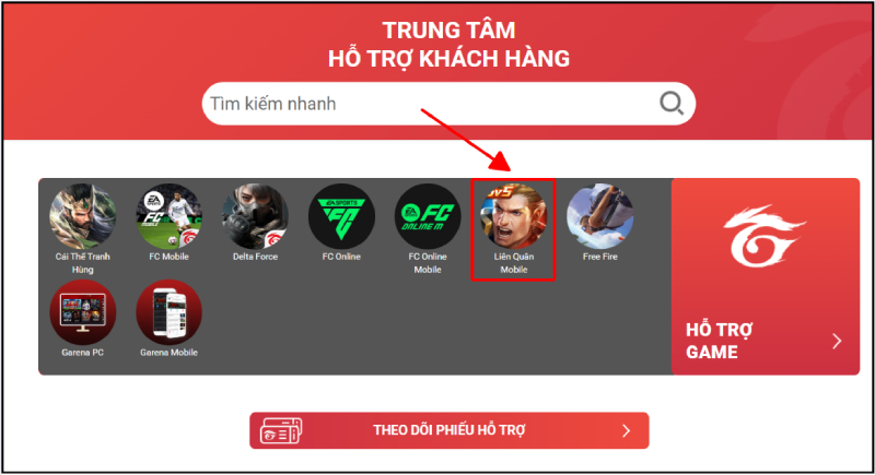 Chọn game Liên Quân Mobile trong mục Hỗ trợ game của Garena
