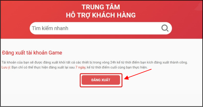 Nút xác nhận “Đăng xuất” tài khoản game trong Trung tâm Hỗ trợ Garena